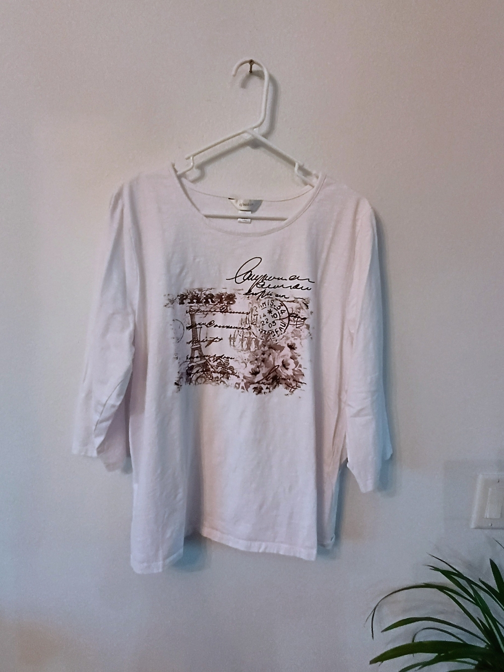 CJ Banks Paris Eiffel Tower Graphic Long Sleeve Tee White Cotton Blend 1X
